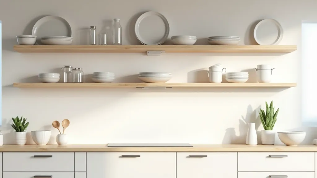 Horní kuchyňské skříně s průhlednými sklenicemi a porcelánními talíři v pěkné řadě