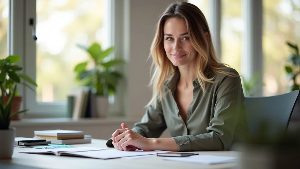 Petra Novotná pracuje v moderní kanceláři s knihami o interiéru a designu